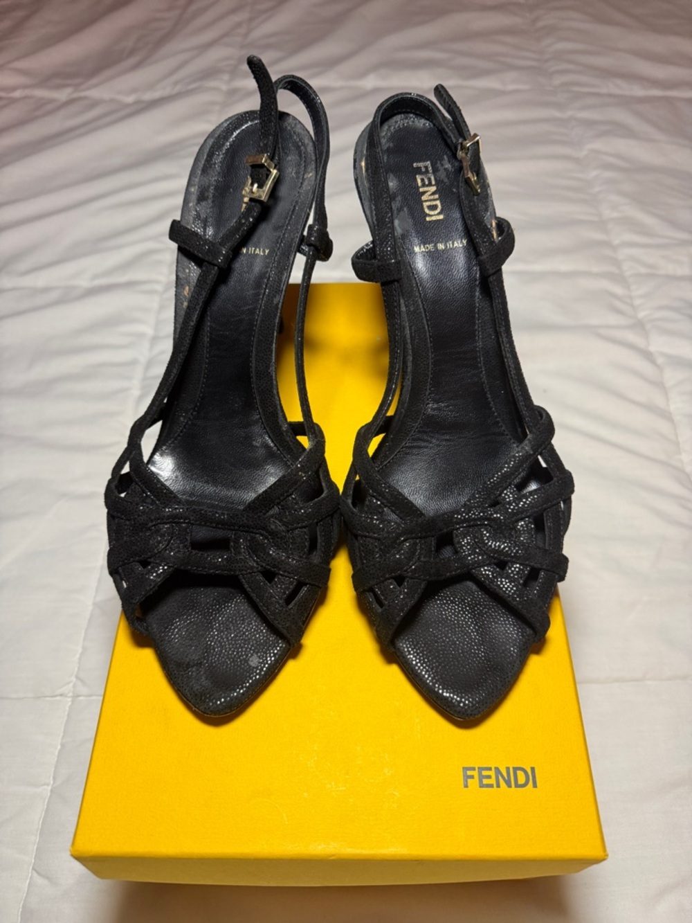 Fendi Black Strappy Pointed Slingback Heels